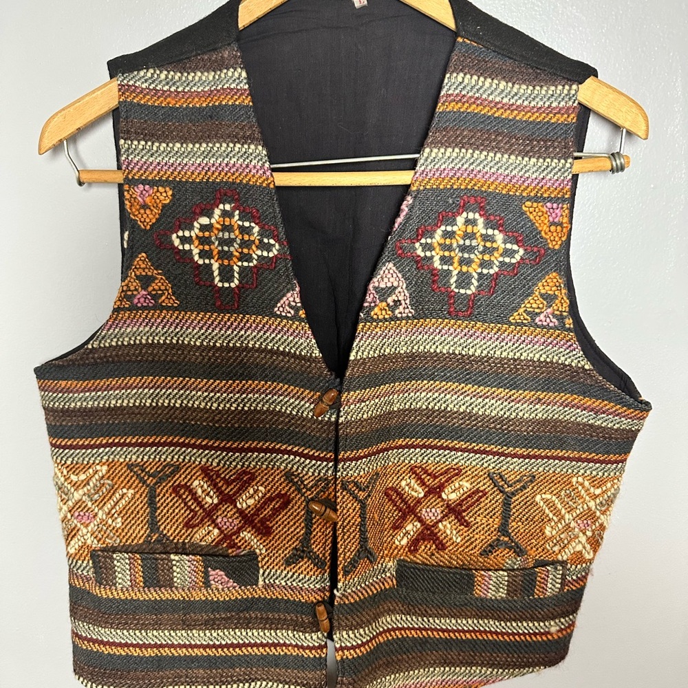 Southwestern Aztec Wool Vest Buttoned Brown/Black Large Unisex
